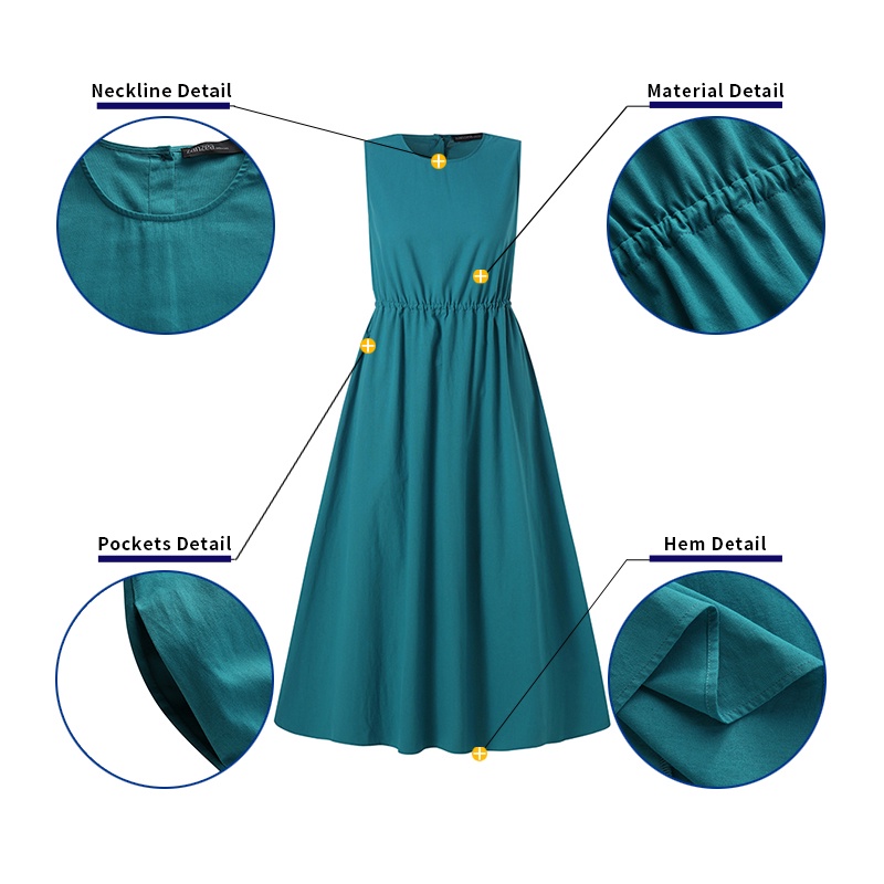 Đầm dài ZANZEA không tay cổ tròn phối dây rút thanh lịch thời trang cho nữ