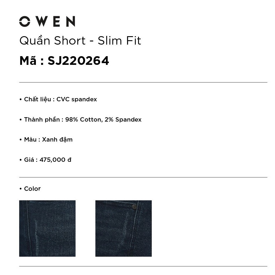 Quần short jean nam hàng hiệu OWEN SJ220264 sóc đùi ngố bò màu xanh đậm dáng slim fit ôm vừa vải denim cao cấp mềm mát