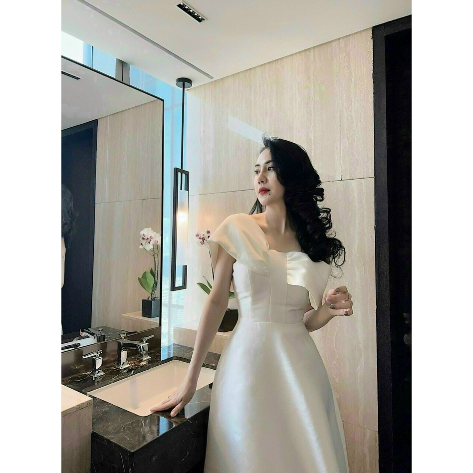 Đầm dạ hội trắng 2 dây nơ ngực phối ren ChemMix thiết kế siêu xinh cho nàng dự tiệc, hẹn hò