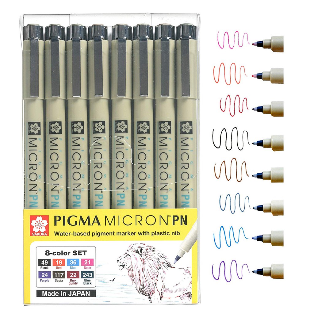 Line màu Micron Sakura đầu 01, 005, 05, Brush BR, dạ kim PN set 8 cây đủ màu có kháng nước bút đi viền nét chuyên nghiệp