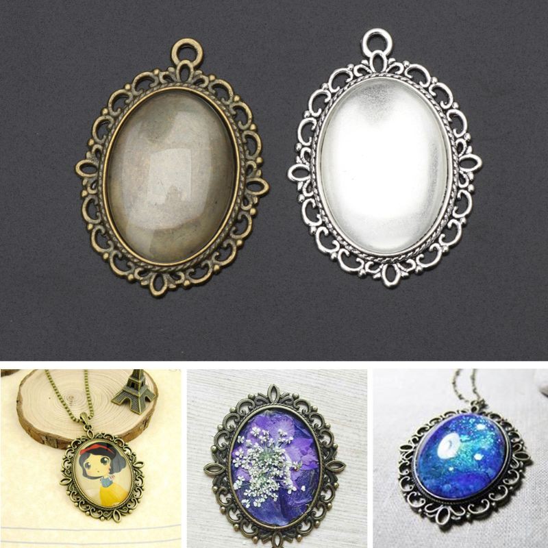 Set 10 khay mặt dây chuyền và 10 miếng cabochons thủy tinh hình oval tự làm trang sức thủ công