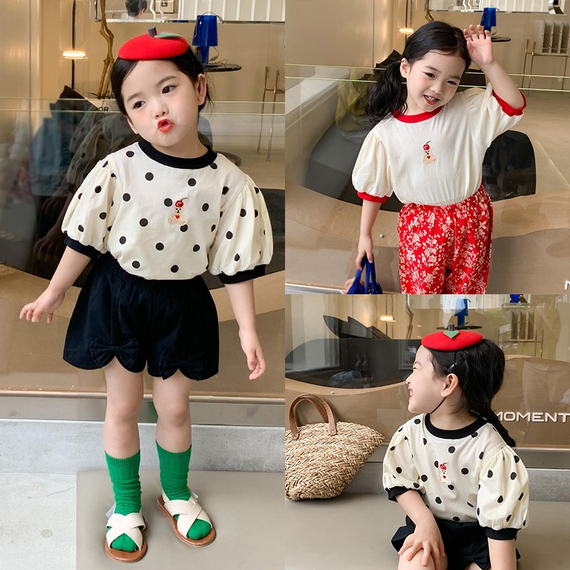 Áo Thun Ngắn Tay Thêu Họa Tiết Chấm Bi Dễ Thương Cho Bé Gái