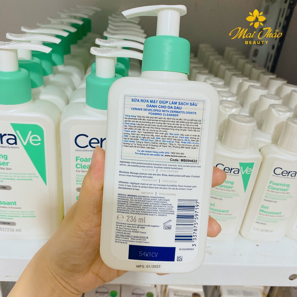 CeraVe Sửa Rửa Mặt Dạng Gel Cho Da Dầu và Da Thường Foaming Cleanser 236ml