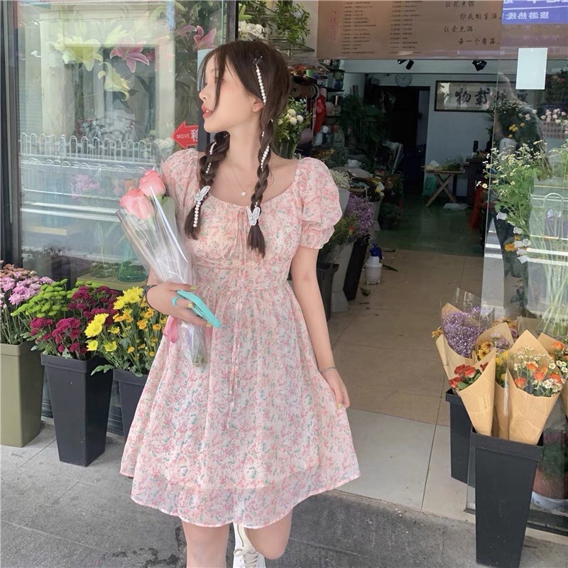 Đầm hoa nhí hồng babydoll dáng váy xoè thắt dây hình thật cuối