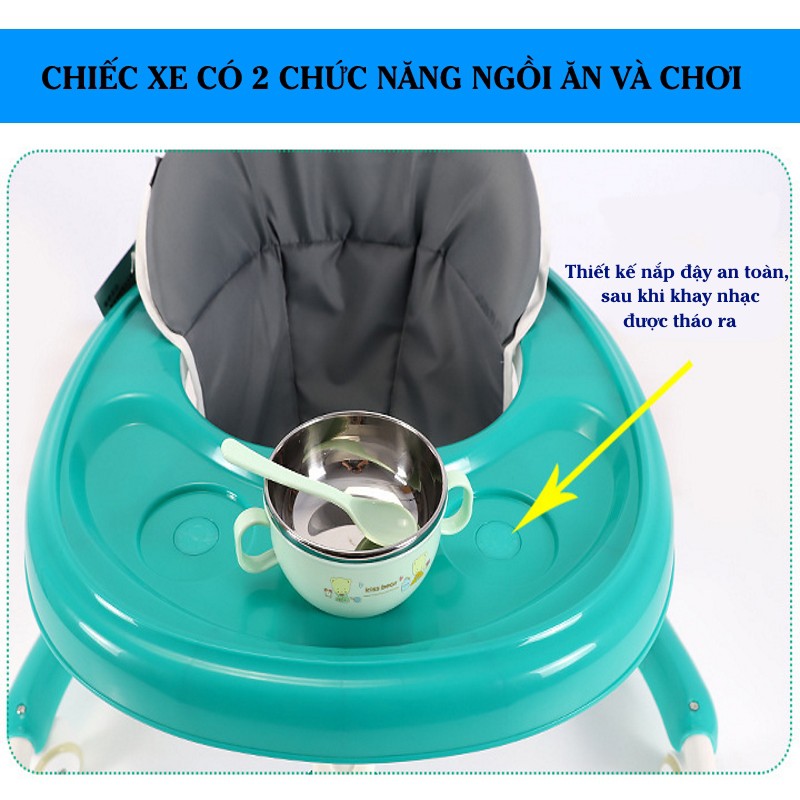 Xe tròn tập đi cho bé có nhạc cao cấp – Xe ăn dặm gấp gọn điều chỉnh độ cao, bánh cao su – DC035