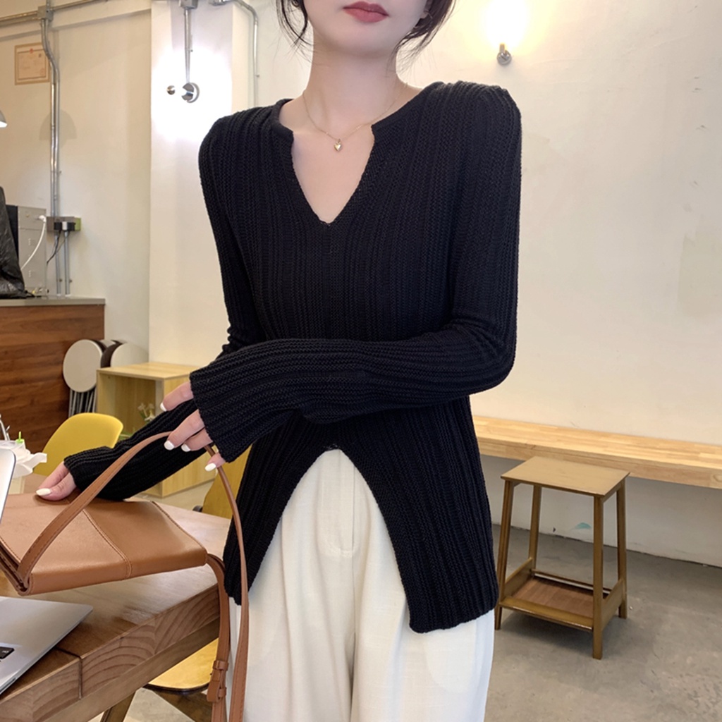 Áo Sweater Dệt Kim Cổ Chữ V Dáng Ôm Xẻ Tà Kiểu Hàn Quốc Thời Trang Mùa Thu Cho Nữ
