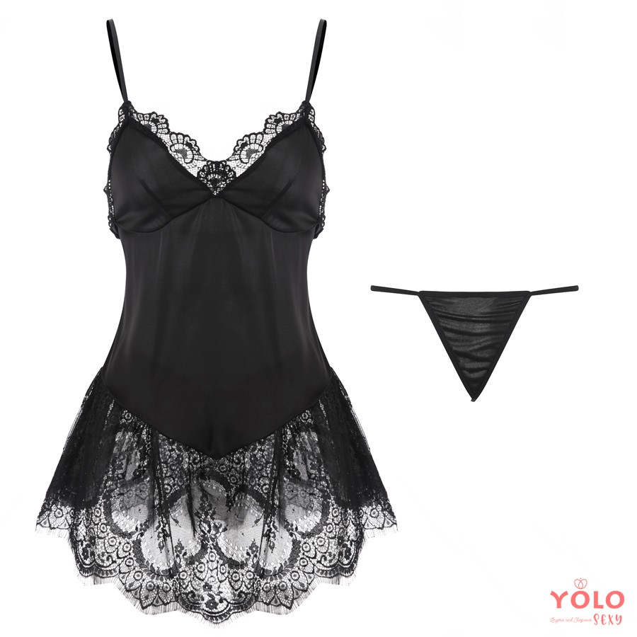 Váy ngủ 2 dây lụa satin cao cấp viền ren ngực sexy gợi cảm kèm quần chip lọt khe | BigBuy360 - bigbuy360.vn