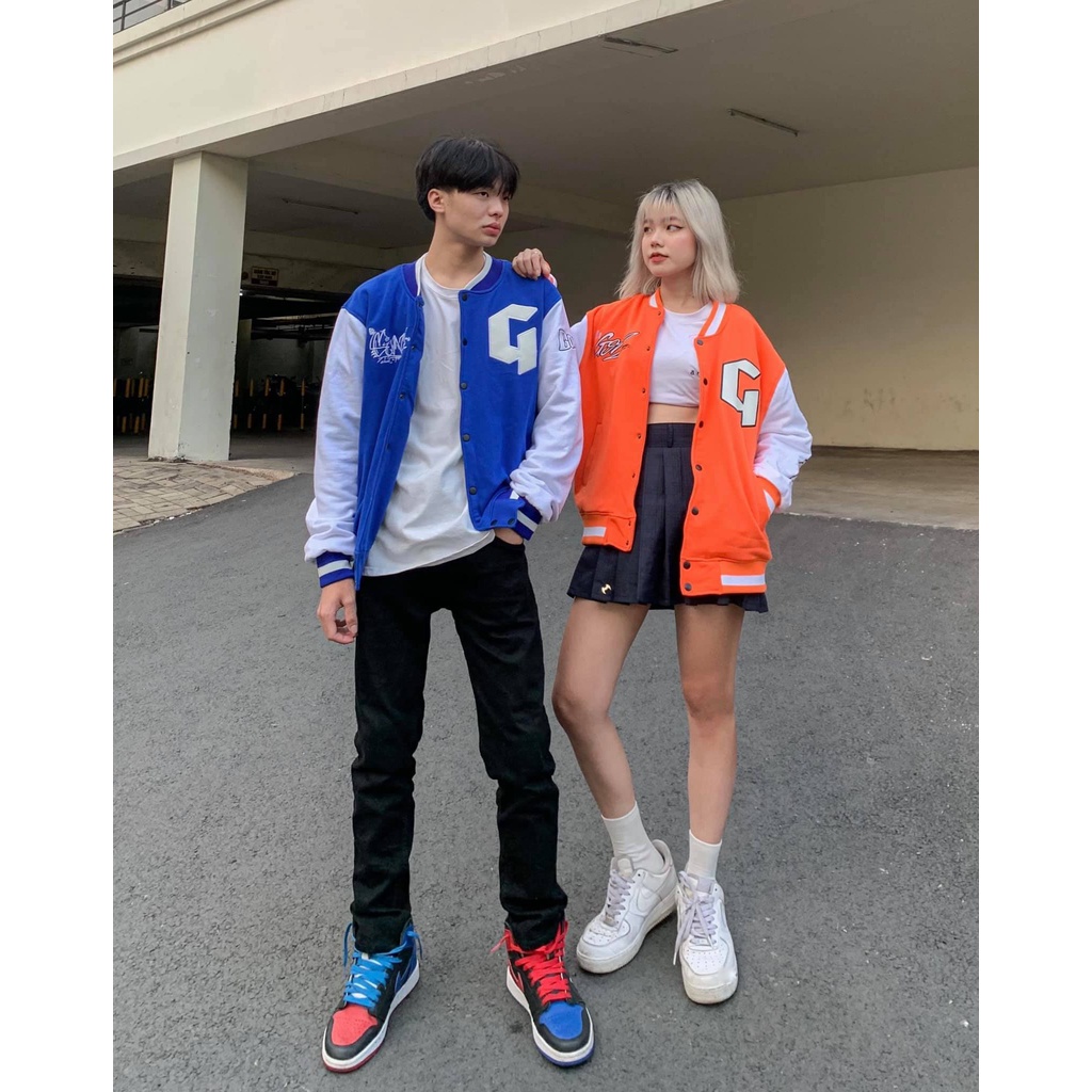 Áo Khoác Varsity nam nữ màu XANH, Gonz Bóng chày .Unisex Form rộng nhung tăm 2 lớp Hình thêu 100%