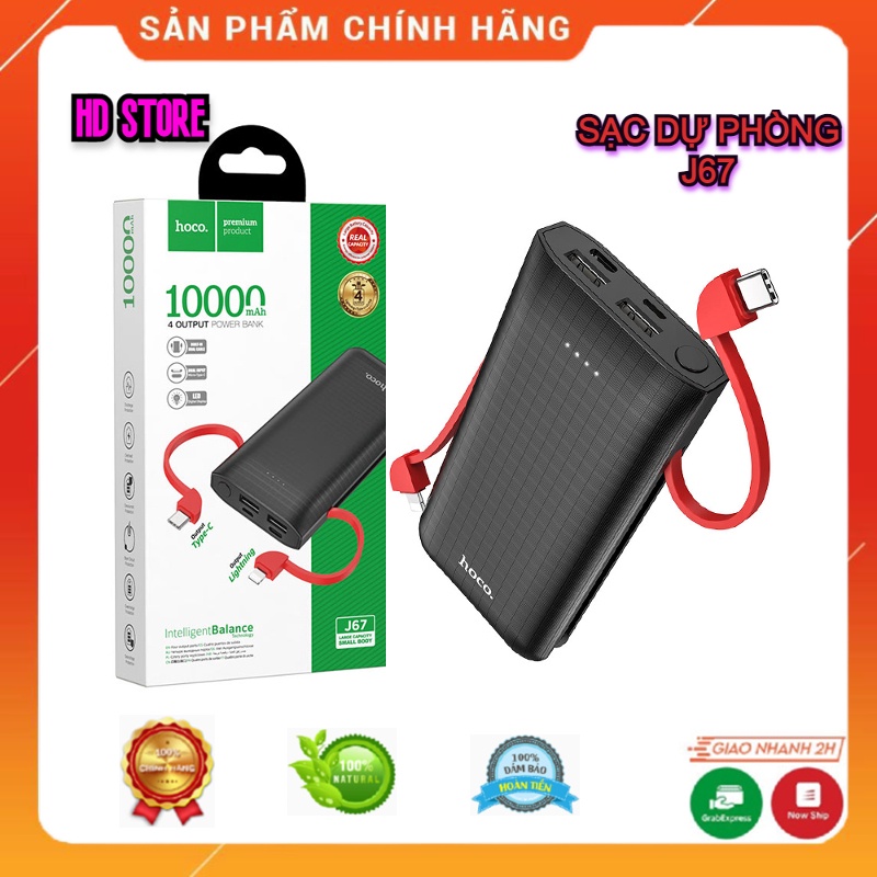 Pin Sạc Dự Phòng HOCO J67 10000mAh, Kèm 2 Cáp  I Phone Và Type C Đẹp Nhỏ Gọn Đèn Led Báo An Toàn Rẻ Bền Xịn Học Sinh.