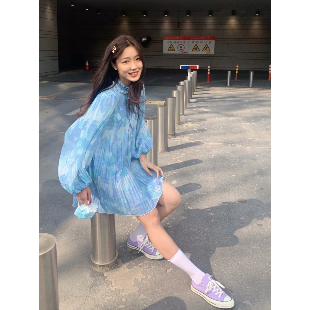 Jane Đầm baby xếp li hoa xanh