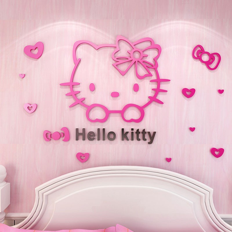 Decal dán tường bằng Acrylic với họa tiết 3D hình Hello Kitty dùng trang trí phòng ngủ