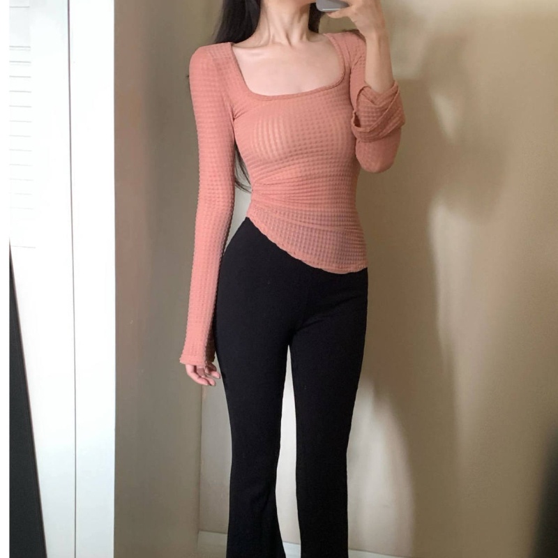 Áo thun COZOKC tay dài cổ vuông ôm eo thời trang dành cho nữ