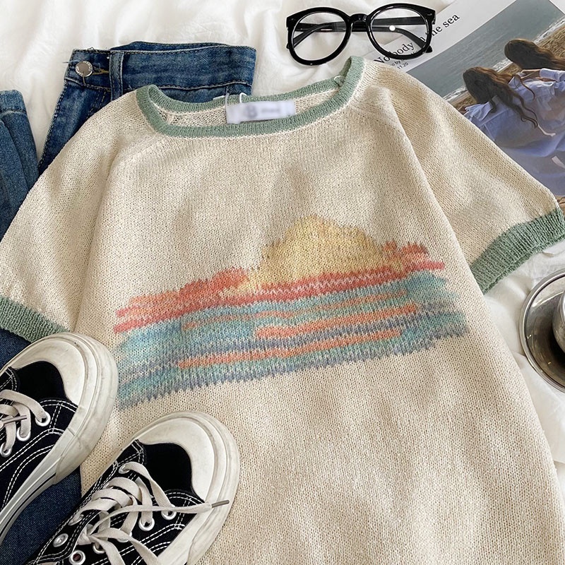 Áo Thun Dệt Kim Ngắn Tay In Họa Tiết Màu Sắc Hợp Thời Trang Hè 51937
