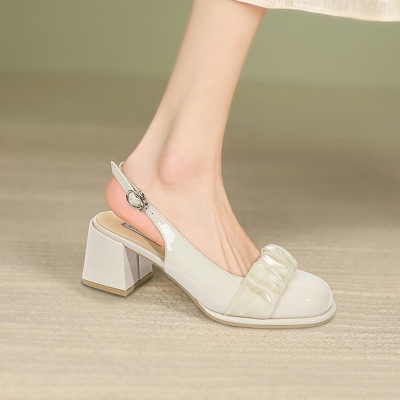 Giày nữ SlingBack gót vuông cao 5cm, mũi tròn đính dải voan trắng, dây cài sau gót tiểu thư, sang trọng, thanh lịch