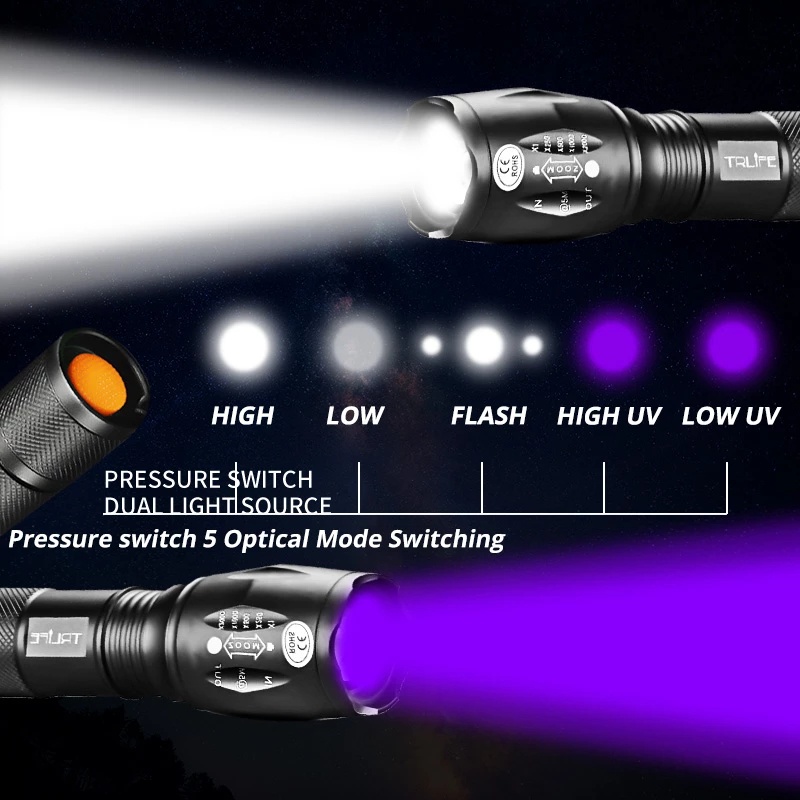 Đèn Pin UV Ánh Sáng Trắng 2 Trong 1 Có Thể Thu Gọn 395 / Cho Chó Mèo Và Nước Tiểu Khẩn Cấp