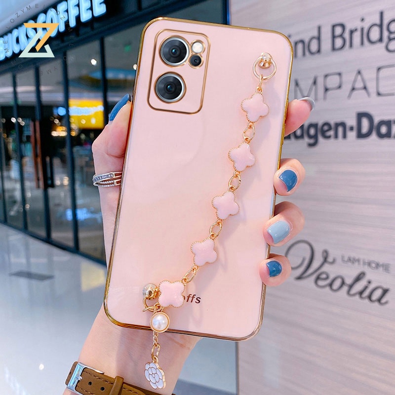 Zymello ốp lưng OPPO Reno 7Z 5G Reno6 Z 5G Reno 5 5G Reno 7 5G Reno 6 5G Reno 4 4G Reno 4F Reno 5F Vòng đeo tay cỏ bốn lá mạ điện Trường hợp điện thoại