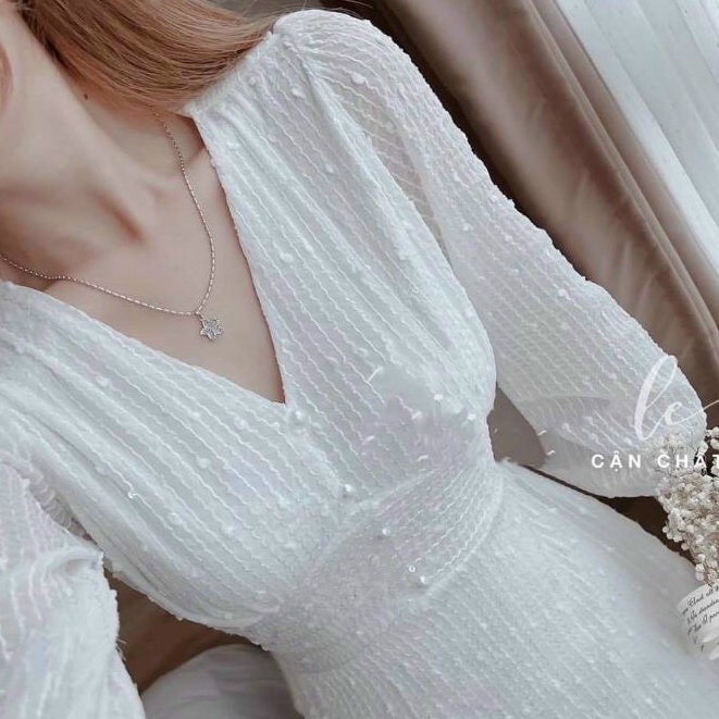 Váy thiết kế,váy dự tiệc dáng xòe cổ tim tay dài chất liệu ren thêu nhũ full 2 lớp tiểu thư dạo phố XM Minh Phúc