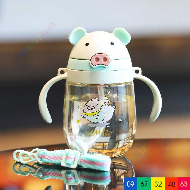 Bình uống nước HÌNH LỢN 415ml có CHỐNG SẶC, kèm DÂY ĐEO, uống sữa, chịu nhiệt tốt, có tay cầm tiện lợi cho bé tập uống