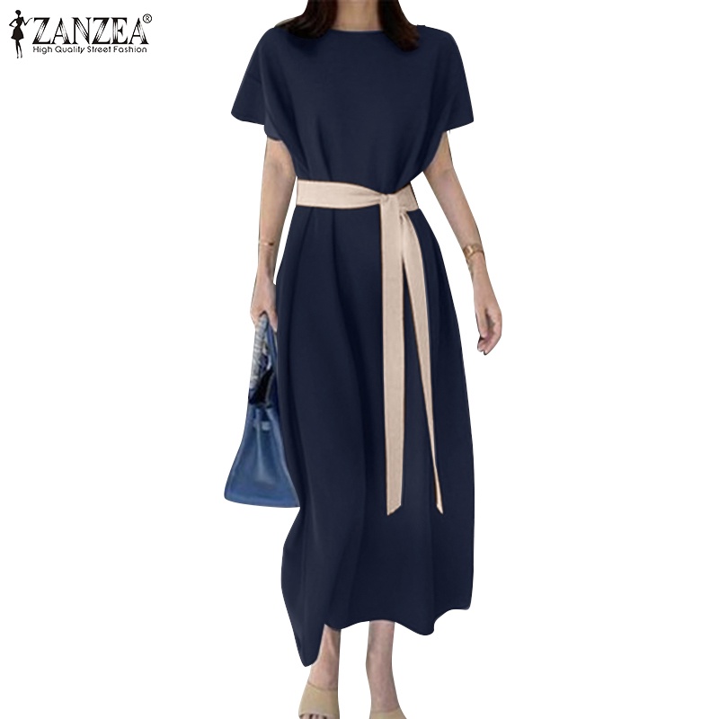 Đầm maxi Zanzea tay ngắn dáng rộng phối màu tương phản thời trang thanh lịch cho nữ