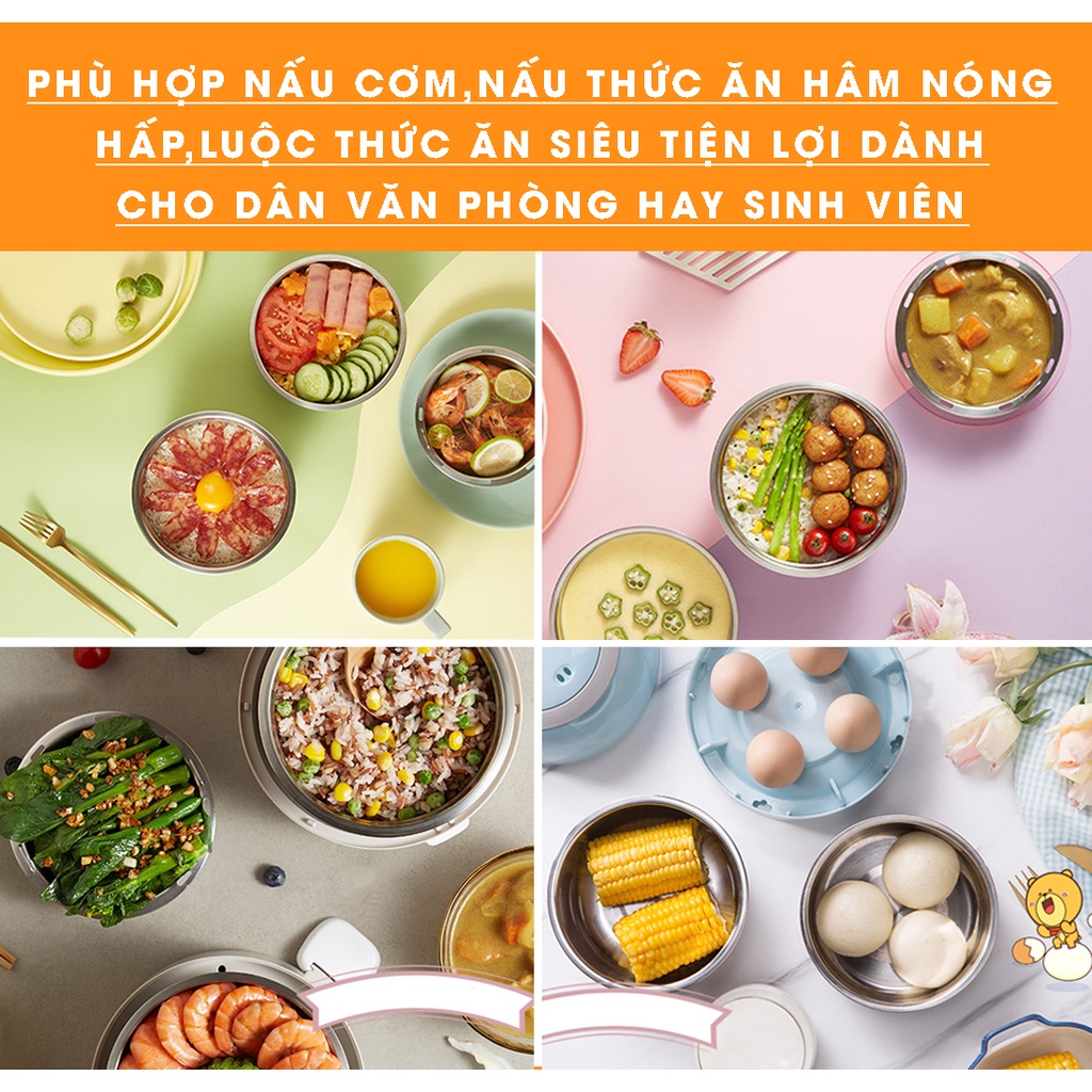 Hộp Cơm Cắm Điện Văn Phòng Nấu Chín, Hâm Nóng Thức Ăn Đa Năng 2 Khay Inox 1,3L Cao Cấp (Tặng ổ 3 chân sang 2 chân)