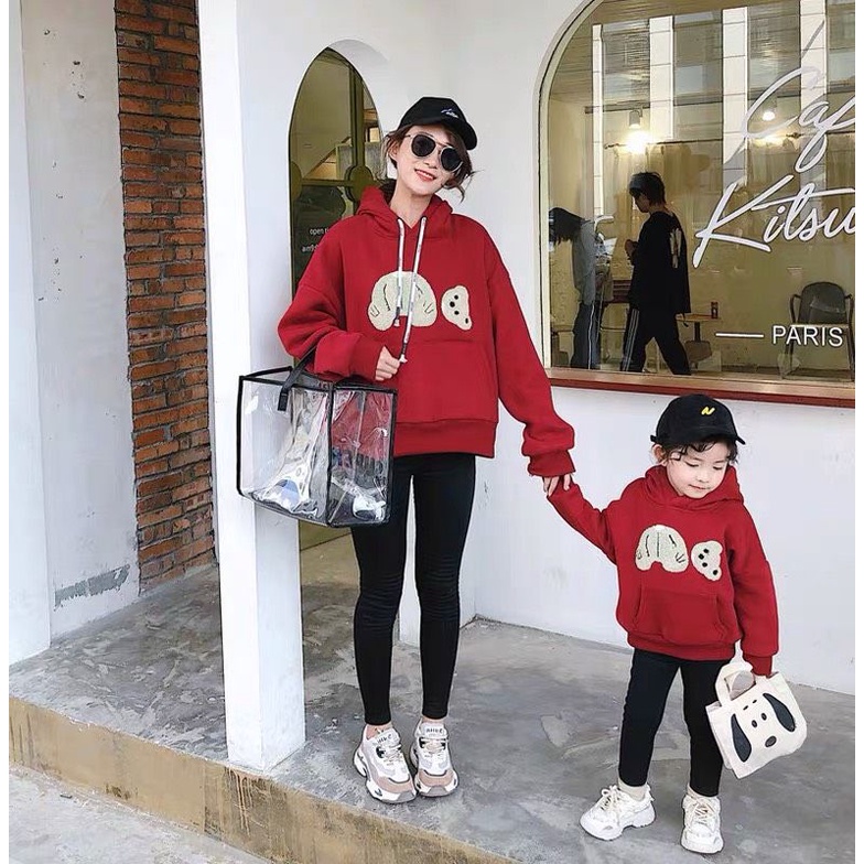 Set áo mẹ và bé hoddie  đỏ mũ liền hình gấu