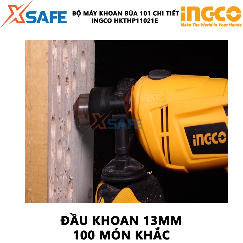 Bộ máy khoan búa cầm tay 650W 13mm kèm 100 dụng cụ INGCO HKTHP11021E -Gồm 1 máy khoan cầm tay công suất 650w và phụ kiện