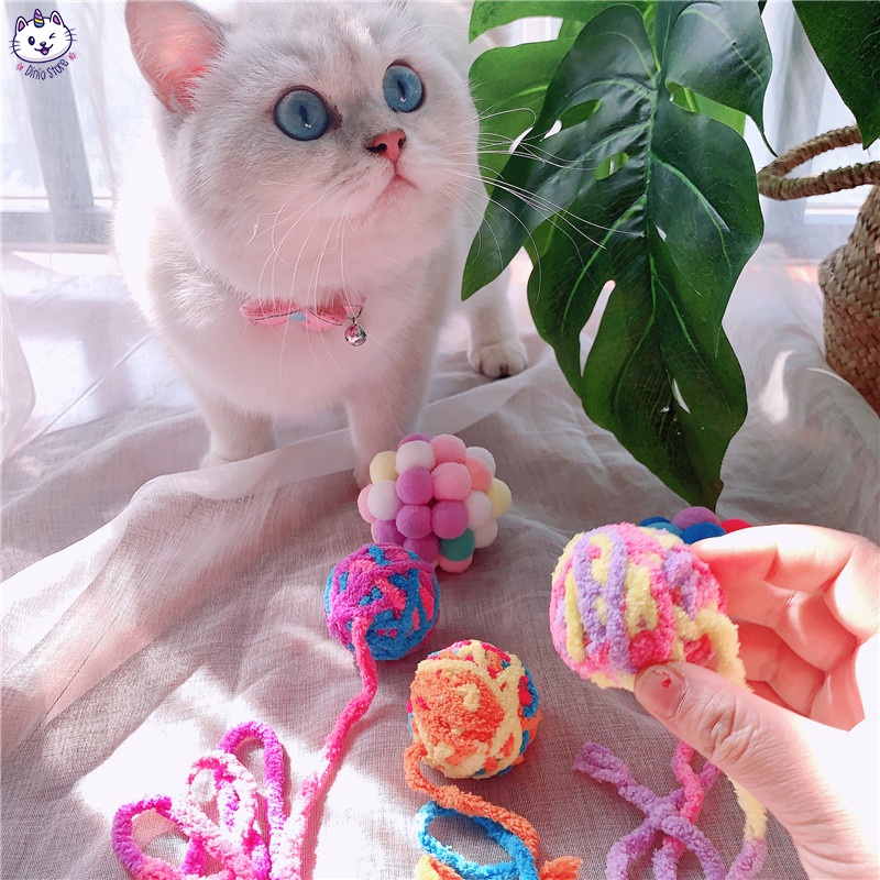 Bóng đan len đồ chơi cho mèo nối dây nhiều màu sắc - Gắn thêm chuông - Diniopet