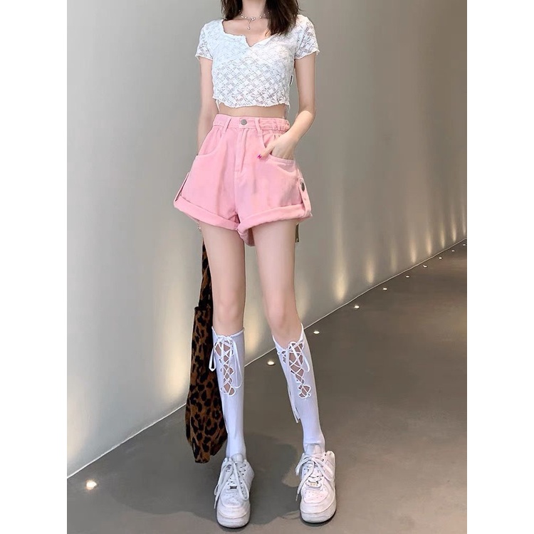 Jiashucheng Quần Short Denim Dáng Chữ a Lưng Cao Ống Rộng Thời Trang Mùa Hè Cho Nữ