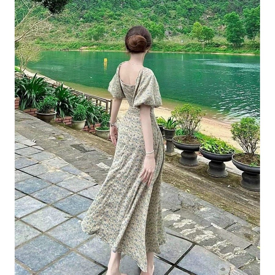 [HCM] Đầm Nữ Tay Phồng Nút Bọc Họa Tiết ( Có Mút Ngực) Thời Trang Nữ Sam Closet Free Size 40-55kg