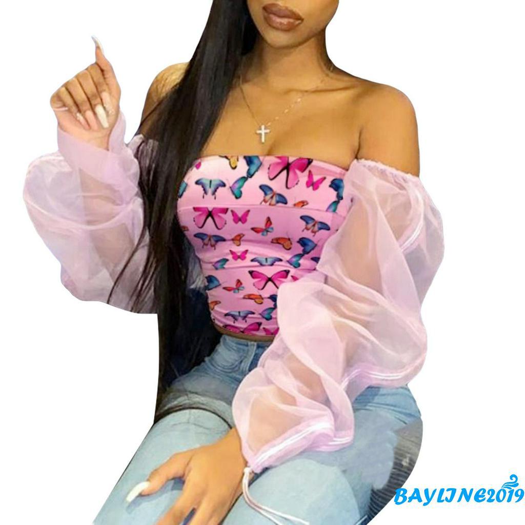 Áo Croptop Tay Phồng Chắp Vải In Hoạ Tiết Cánh Bướm Màu Hồng Gợi Cảm Cho Phụ Nữ