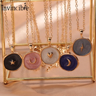 Korean Moon Star Heart Lightning Necklace/ Fashion Charm Enamel Round Pendant Necklace Women Jewelry Accessories