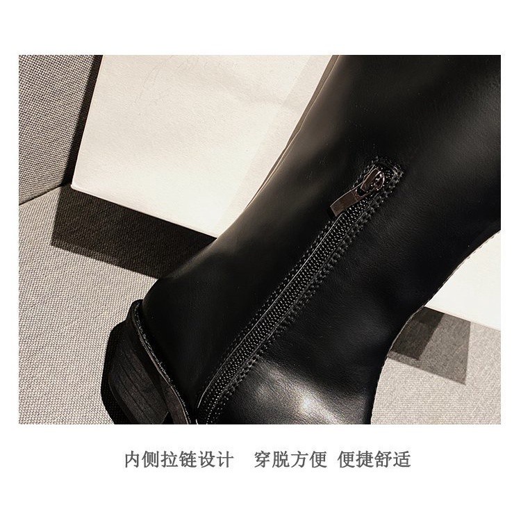 Fashion Ulzzang PU Leather Boot Pointed Side Zipper Middle Heel Long Boot