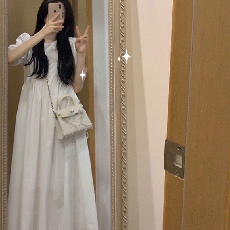 Đầm dài ngang gối màu trắng phong cách retro thời trang cho nữ