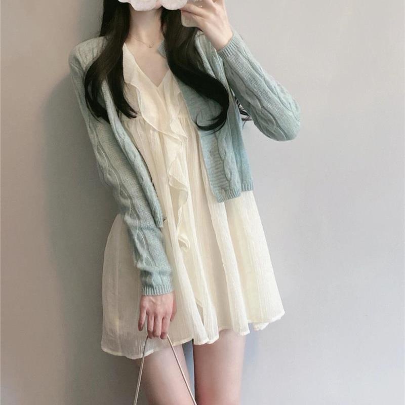 Setđầm và áo khoác cardigan dệt kim thời trang mùa thu phong cách mới cho nữ