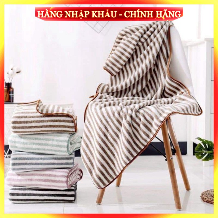 [Hàng Loại Xịn] Khăn Tắm Xuất Hàn Lông Cừu Cỡ Đại Khổ 70x140cm Kẻ Sọc Siêu Dày, Mềm Mịn, Thấm Hút Cực Tốt