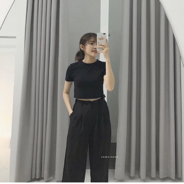 Quần dài ống rộng suông culotes màu đen chất cotton thái dày có túi - sau lưng quần phối chun co giãn