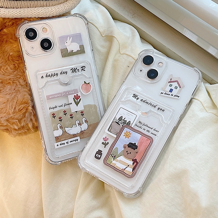 Ốp lưng điện thoại silicon mềm có ngăn đựng thẻ hình gấu nghệ thuật compatible for iPhone13/13pro/13promax 12/12pro/12promax 11/11pro/11promax X/XS XR XSMAX 7/7Plus 8/8Plus 6/6Plus/6s/6sPlus