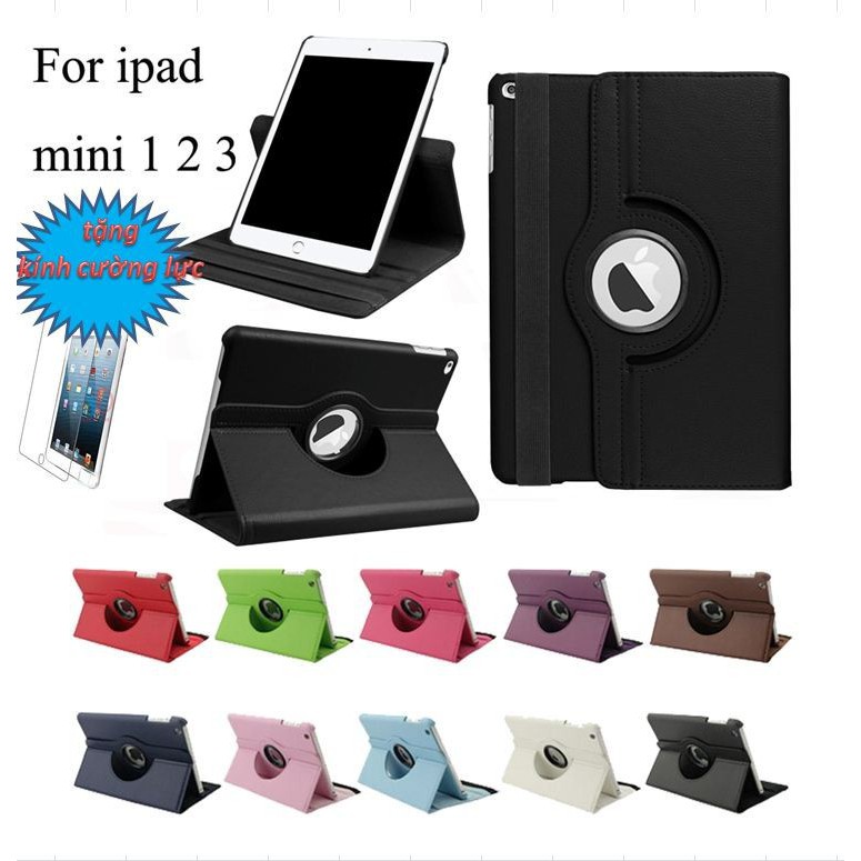 Bao da iPad mini 1, mini 2, mini 3 xoay 360 độ kèm kính cường lực