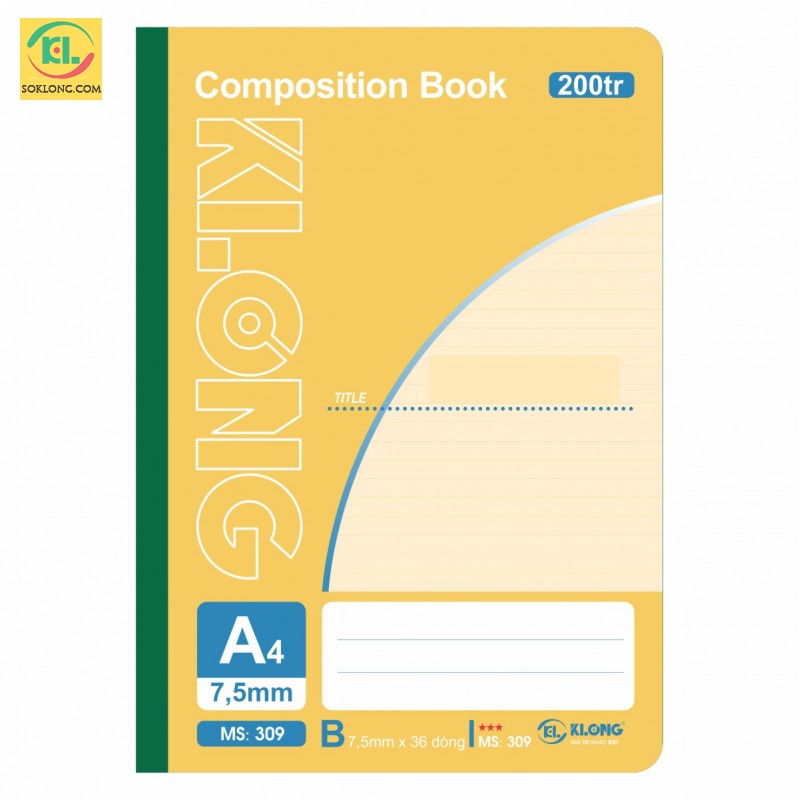 Vở may dán gáy Compostion Book A4 - 200 trang kẻ ngang, cuốn tấp sổ Klong MS 309