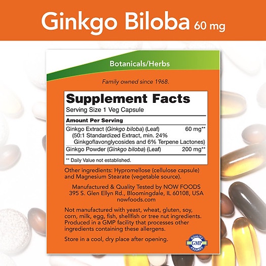 Ginkgo BiloBa Giảm Căng Thẳng Stress Cải Thiện Trí Nhớ Giúp Thông Minh Now Ginkgo Biloba 60mg