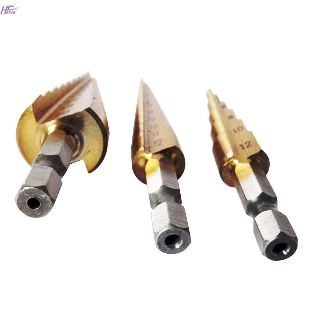 hello# 3PCS Titanium Step Drill Bit Set Multiple Hole Step Drill High Speed Steel Total 24 Sizes 3-12mm/4-12mm/ 4-20mm Drilling Tool