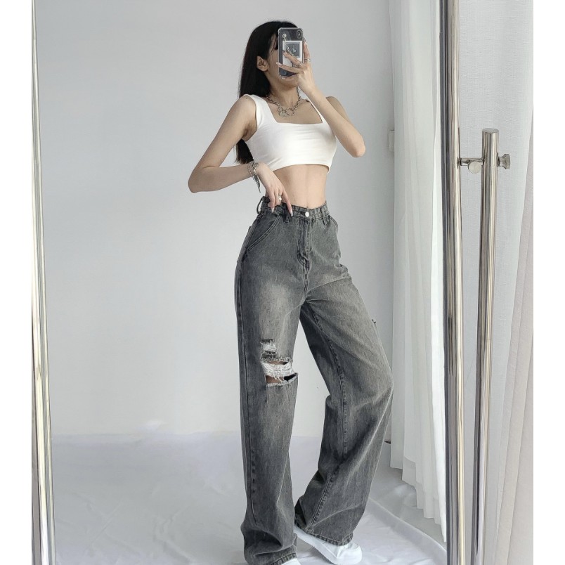 Quần Jean Dài Ống Rộng Rách Gối Màu Khói Phong Cách Âu Mỹ Thời Trang Mùa Hè Mới Cho Nữ 2021