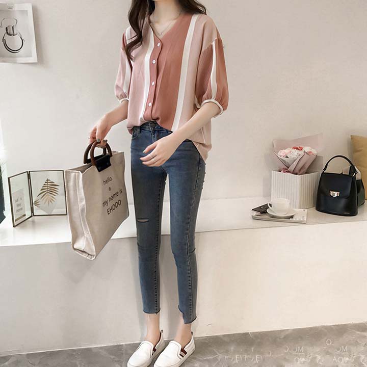 Áo sơ mi nữ form rộng , áo sơ mi công sở họa tiết kẻ sọc size m đến 4xl