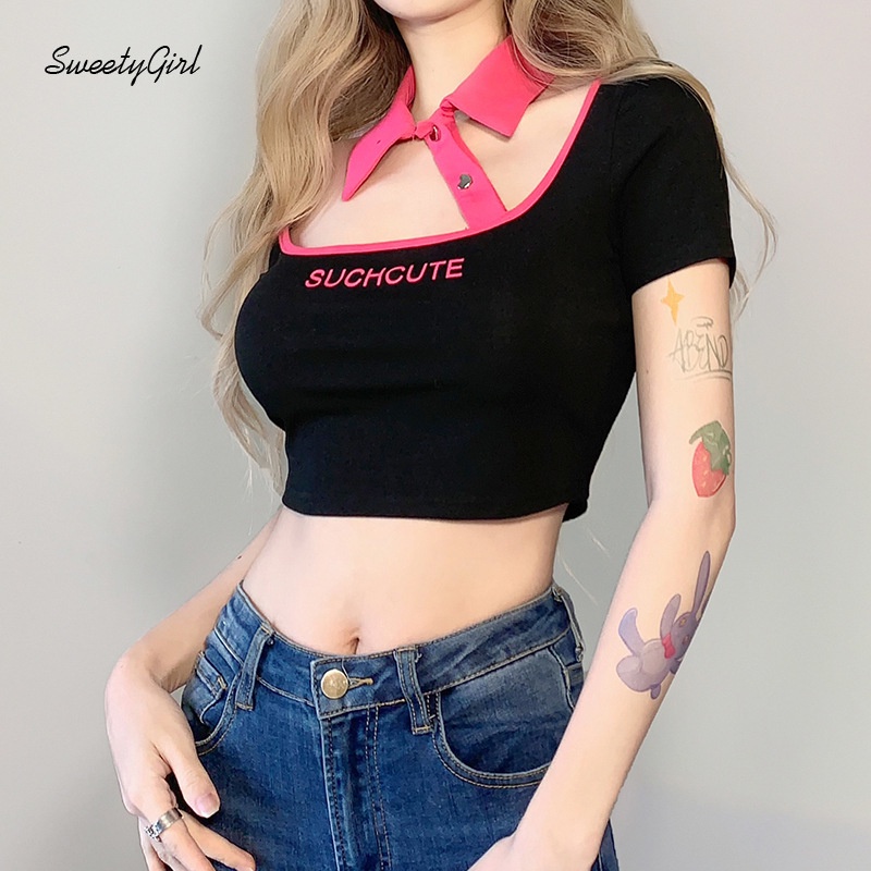 Áo Thun Tay Ngắn Cổ Bẻ Phối Nút Hình Trái Tim Màu Sắc Tương Phản Thời Trang Cho Nữ 2022