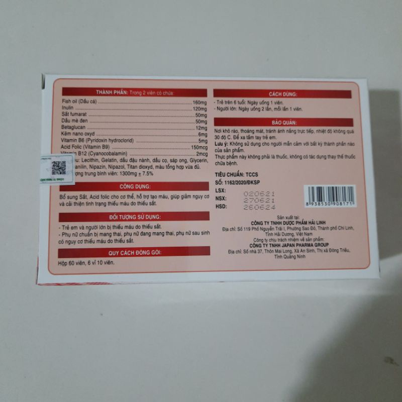 Viên uống bổ máu bổ sung sắt Acid Folic cho cơ thể FE NANA YTALIA - bổ sung sắt cho phụ nữ có thai - Hộp 60 viên