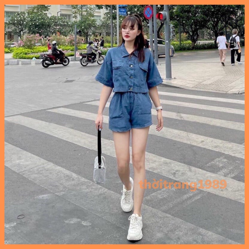 SET ÁO CROPTOP QUẦN SOOC HOT HIT THOITRANG1989 áo jean form rông