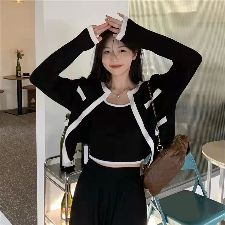 ZHELIHANGFEI Bộ Áo Cardigan Dệt Kim Hai Dây + Quần Lưng Cao Gợi Cảm Dành Cho Nữ