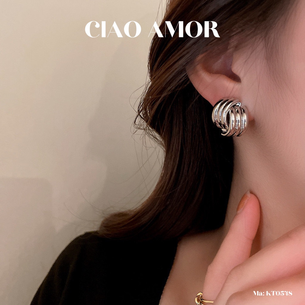KT0548-Khuyên tai nữ, Bông tai nụ đơn giản 2 lớp vân Trang sức Ciao Amor