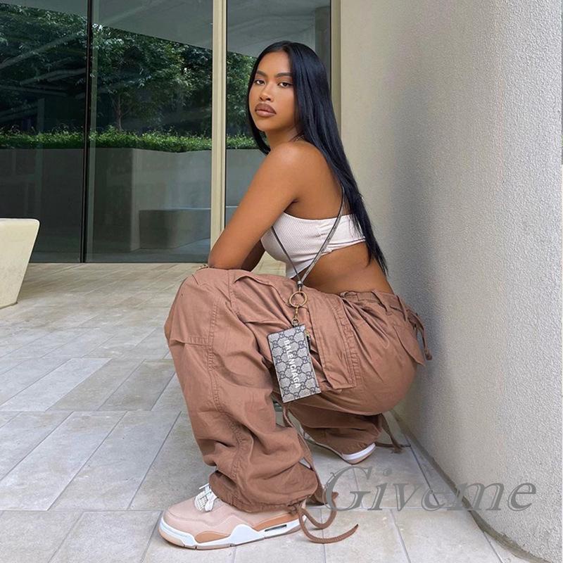 Quần Baggy Cổ Điển Màu Trơn Lưng Thấp Có Túi Màu Đen / Xanh Lá / Hồng Dành Cho Nữ