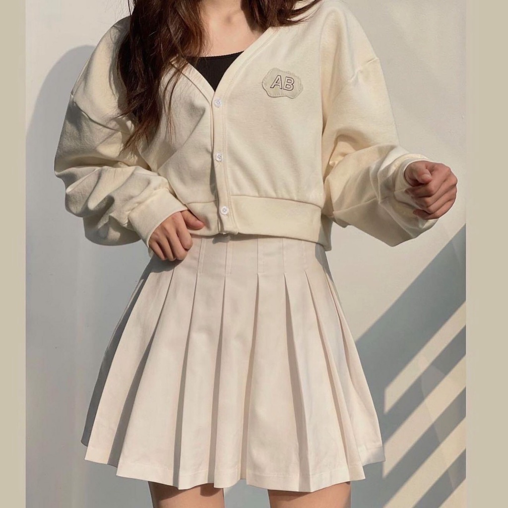 Sét Váy Ulzzang Áo Cardigan kèm chân váy Xếp Ly Trắng Hàn Quốc, Sét Váy Nữ,(Ảnh Thật)